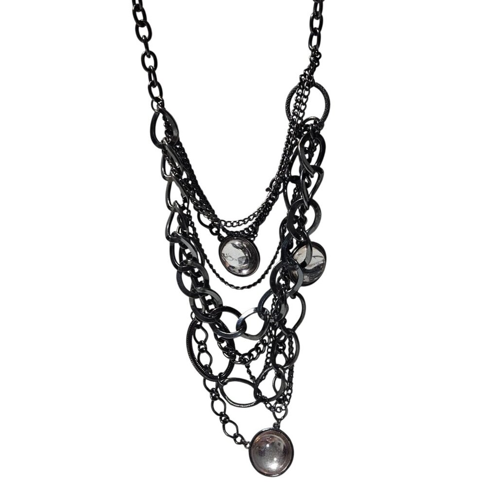 Elegant Glass Cabochon Black Chain Layered Bib Necklace Statement Jewelry Women